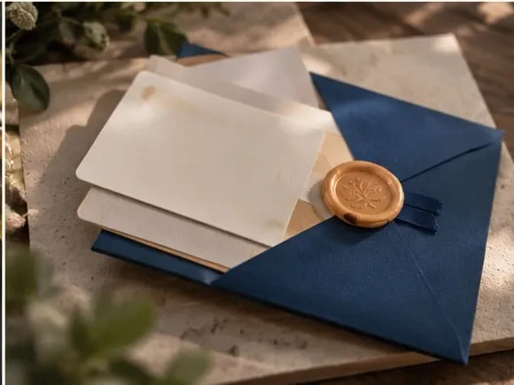 A navy envelope closed with a botanical wax seal, layered with translucent and handmade papers on a stone surface.