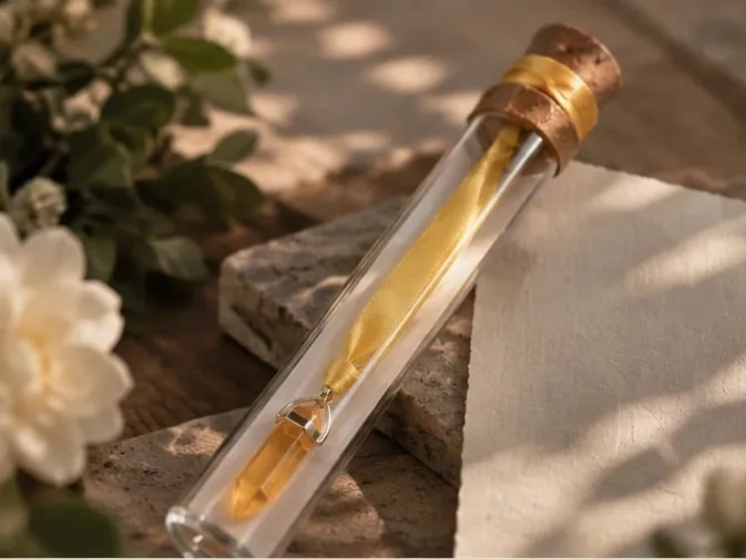 A single amber crystal suspended on a gold ribbon inside a corked glass tube, resting on stone in daylight.