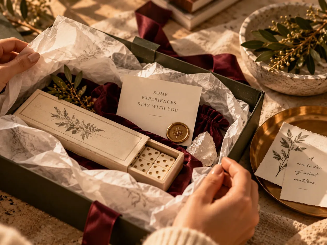 Two hands lifting tissue paper from an open gift box: a sliding wooden box of dominoes, a raw crystal, a gold wax seal and a card reading "Some experiences stay with you", laid on deep red velvet.
