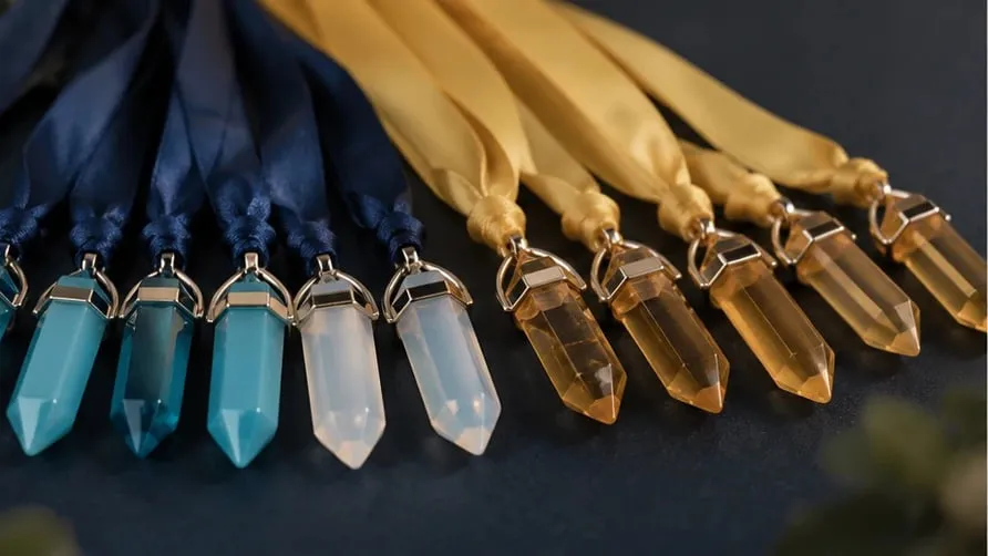 A row of pointed crystal pendants on navy and gold ribbons, laid out in graduated colour from deep teal to amber.