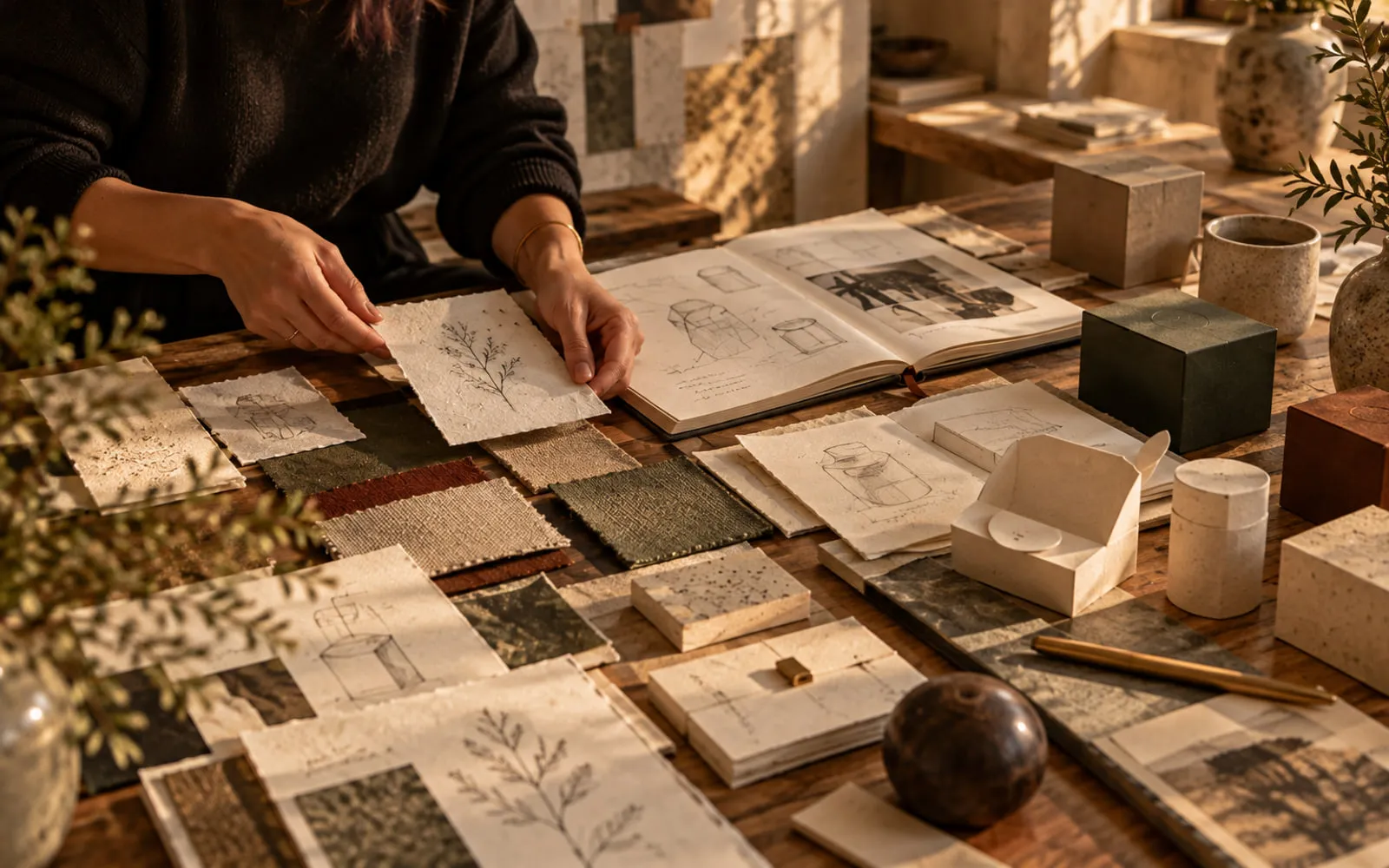 Hands holding a sheet of handmade paper above an open sketchbook and a grid of material samples.