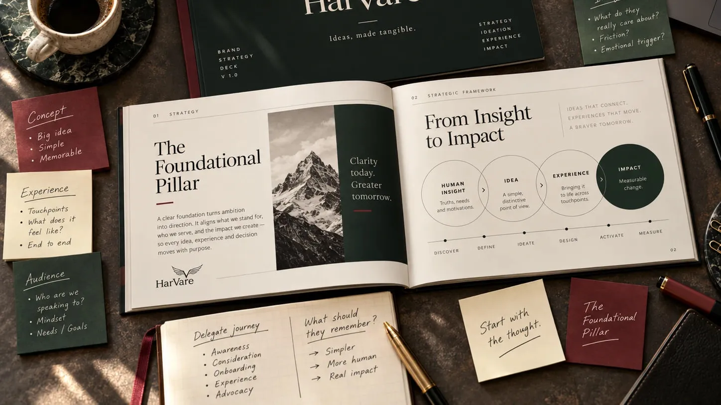 The HarVaré brand strategy deck open on a desk, showing The Foundational Pillar spread beside handwritten notes and colour swatches.