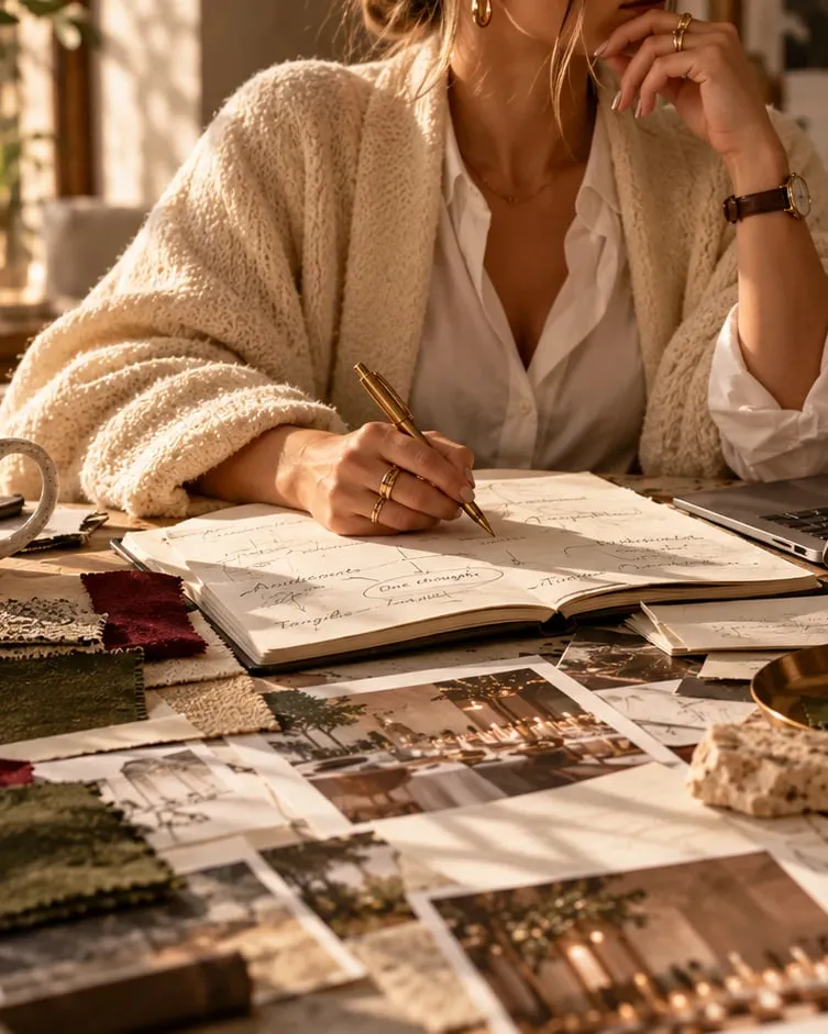 A person at a sunlit desk writing in a notebook, mapping one thought outwards to tangible touchpoints, surrounded by fabric swatches, printed photographs and reference books.