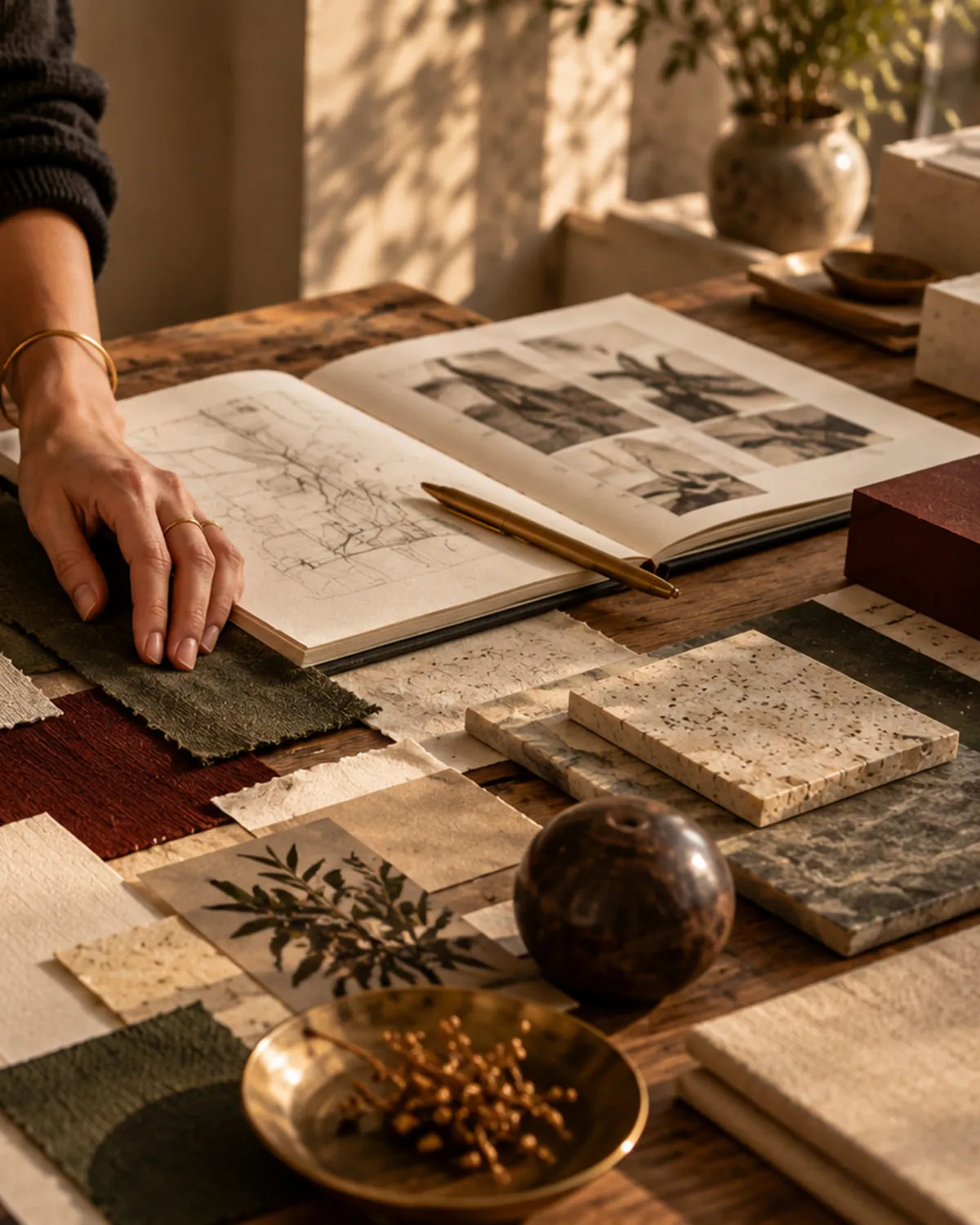 A hand resting on a fabric swatch beside an open sketchbook, surrounded by paper, stone and textile samples.