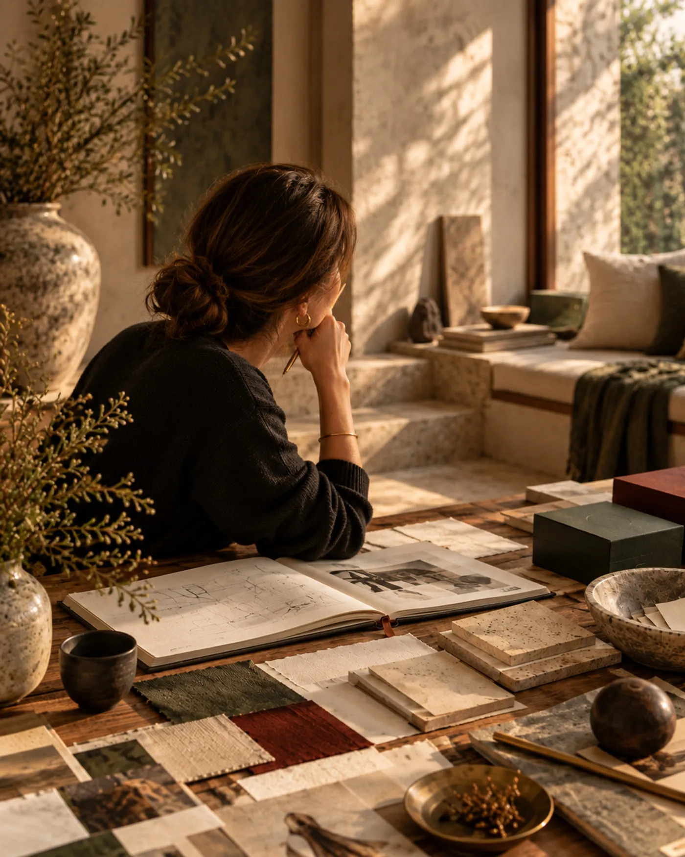 A strategist at a worktable in warm afternoon light, reading a sketchbook beside paper, fabric and stone samples.