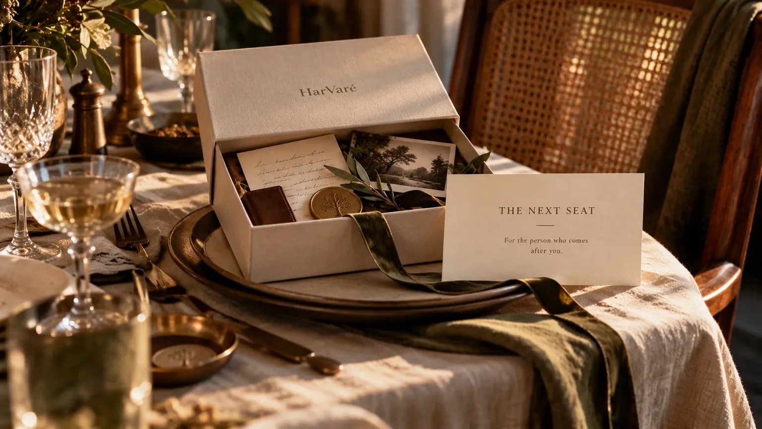 An open cream gift box embossed HarVaré, set on a laid dinner table and holding a handwritten note, a leather card holder, a gold wax seal and a landscape print, beside a card reading “The next seat, for the person who comes after you”.
