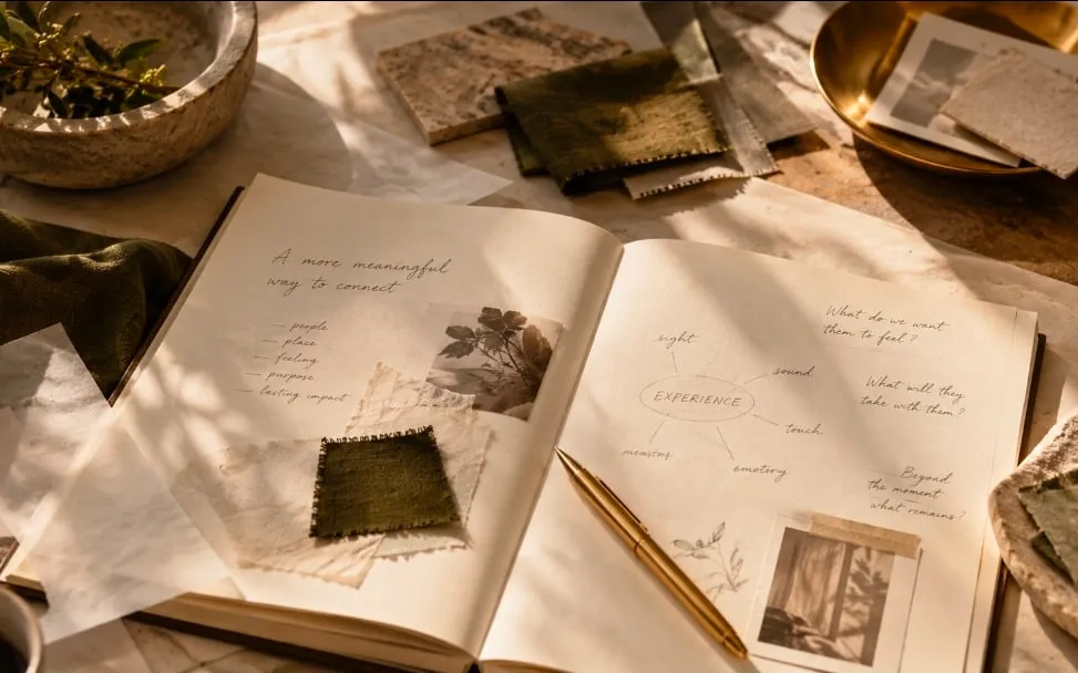 An open notebook on a sunlit table, one page headed "A more meaningful way to connect" and the other mapping an experience across sight, sound, touch, memory and emotion, surrounded by fabric swatches, paper samples and a gold pen.